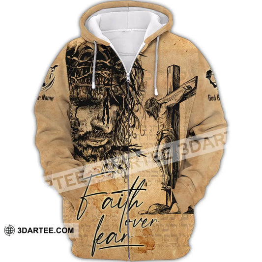 Unisex Shirt - Custom Name Jesus Faith Over The Fear Zipper Hoodie / S T-Shirt