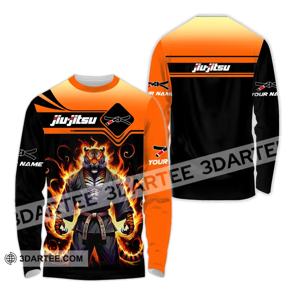 Unisex Shirt - Custom Name Jiu Jitsu Fire Tiger Long Sleeve / S T-Shirt