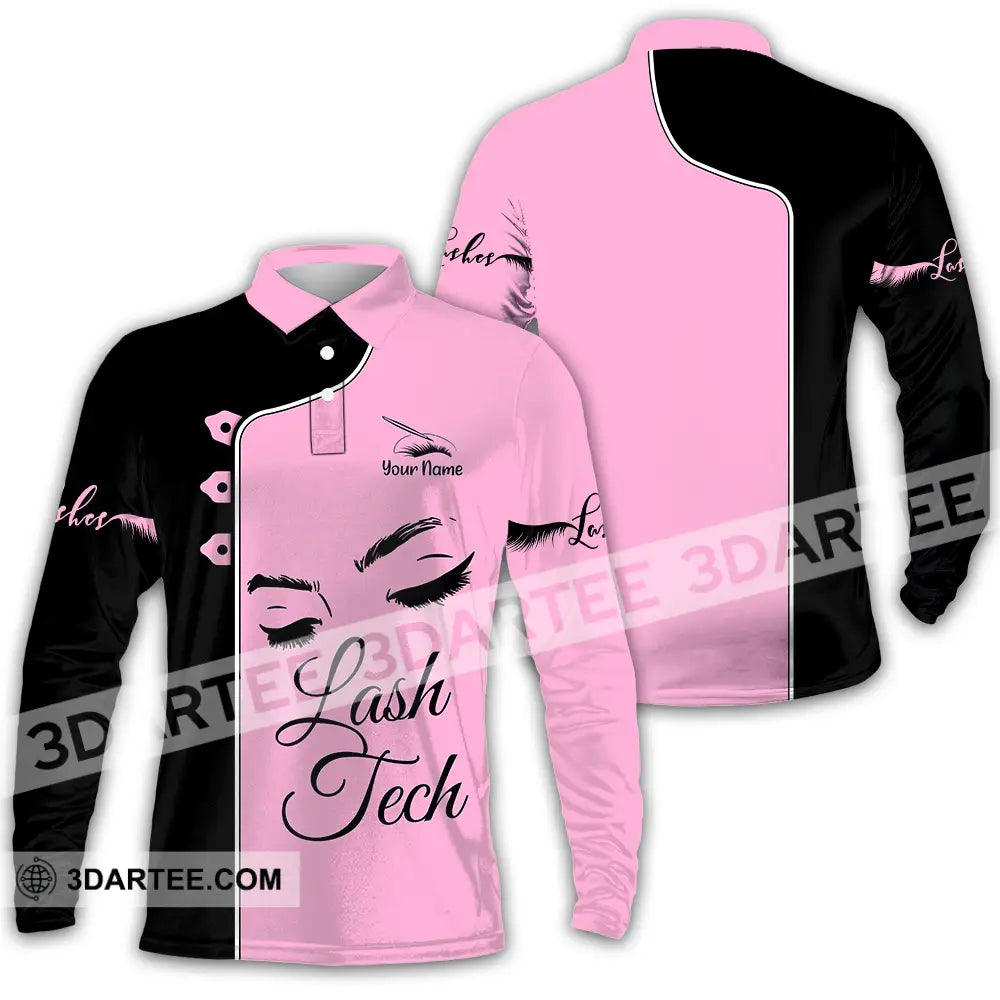 Unisex Shirt - Custom Name Lash Teach Pink And Black Long Sleeve Polo / S T-Shirt