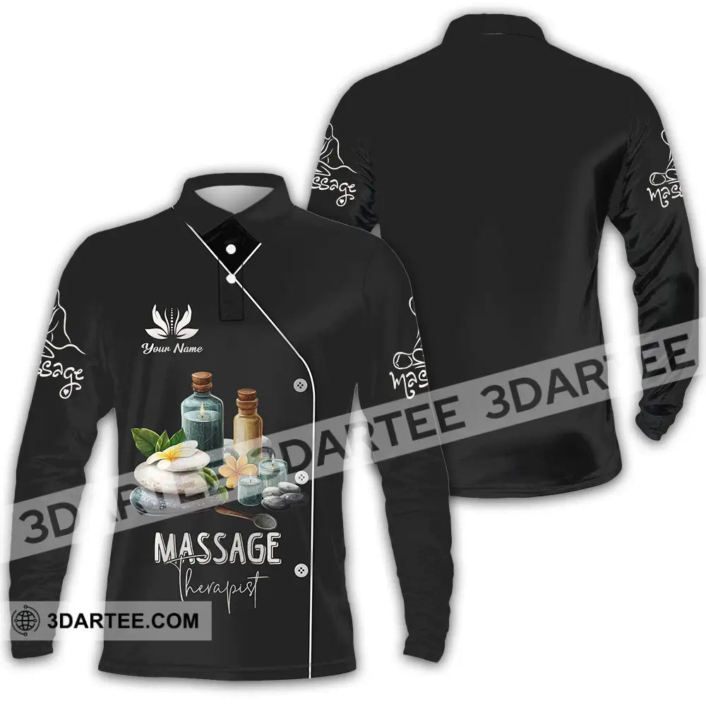 Unisex Shirt - Custom Name Massage Therapist Black Long Sleeve Polo / S T-Shirt