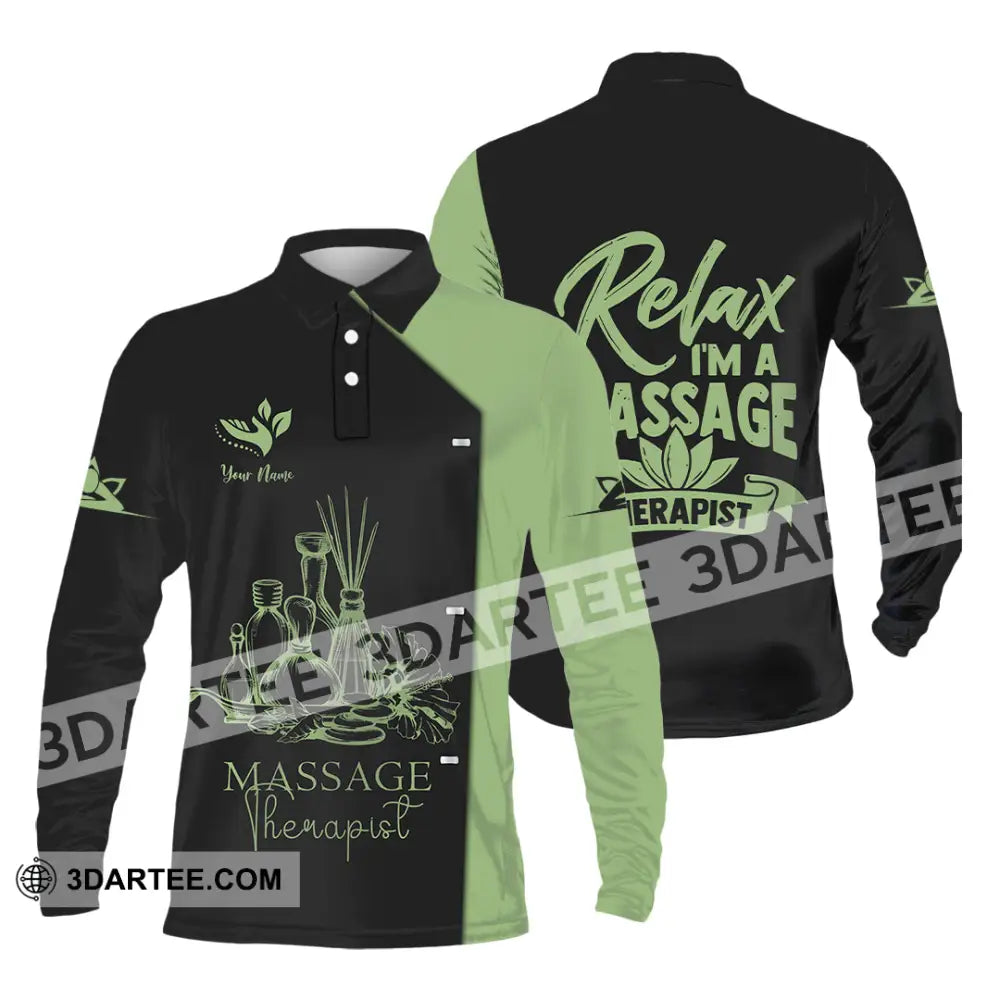 Unisex Shirt - Custom Name Massage Therapist Green Tea Long Sleeve Polo / S T-Shirt