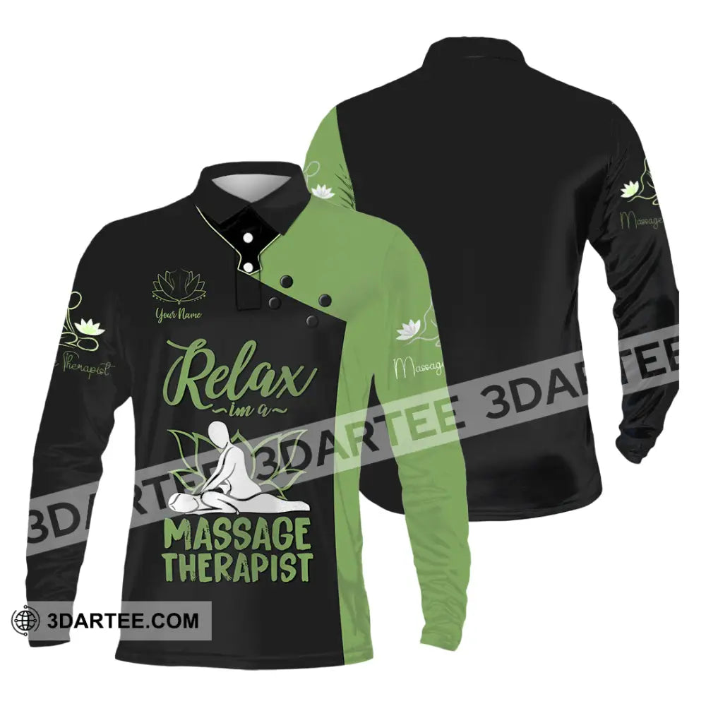 Unisex Shirt - Custom Name Massage Therapist Green Tools Long Sleeve Polo / S T-Shirt