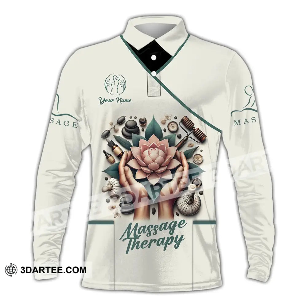 Unisex Shirt - Custom Name Massage Therapist Lotus Long Sleeve Polo / S T-Shirt