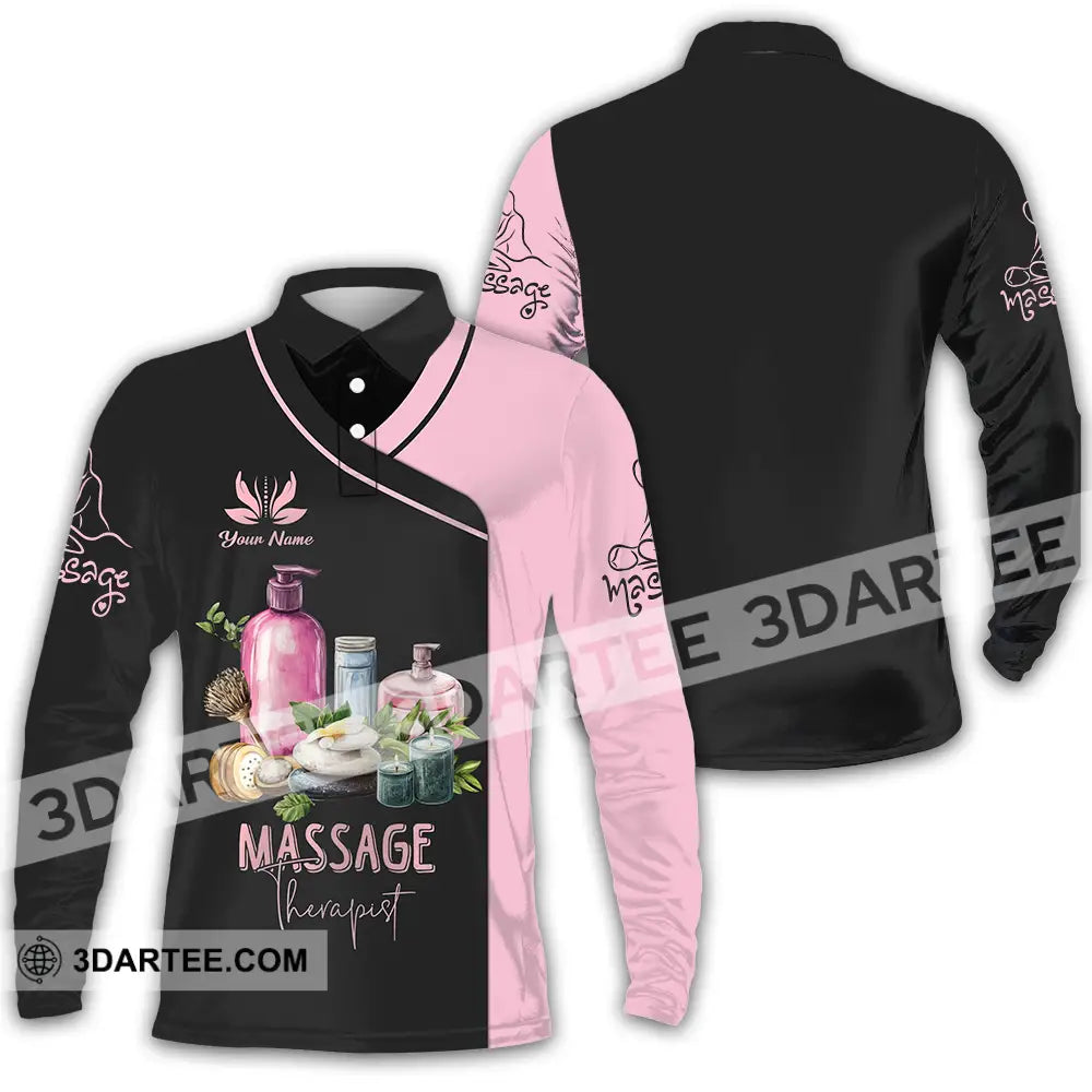 Unisex Shirt - Custom Name Massage Therapist Pink And Black Long Sleeve Polo / S T-Shirt