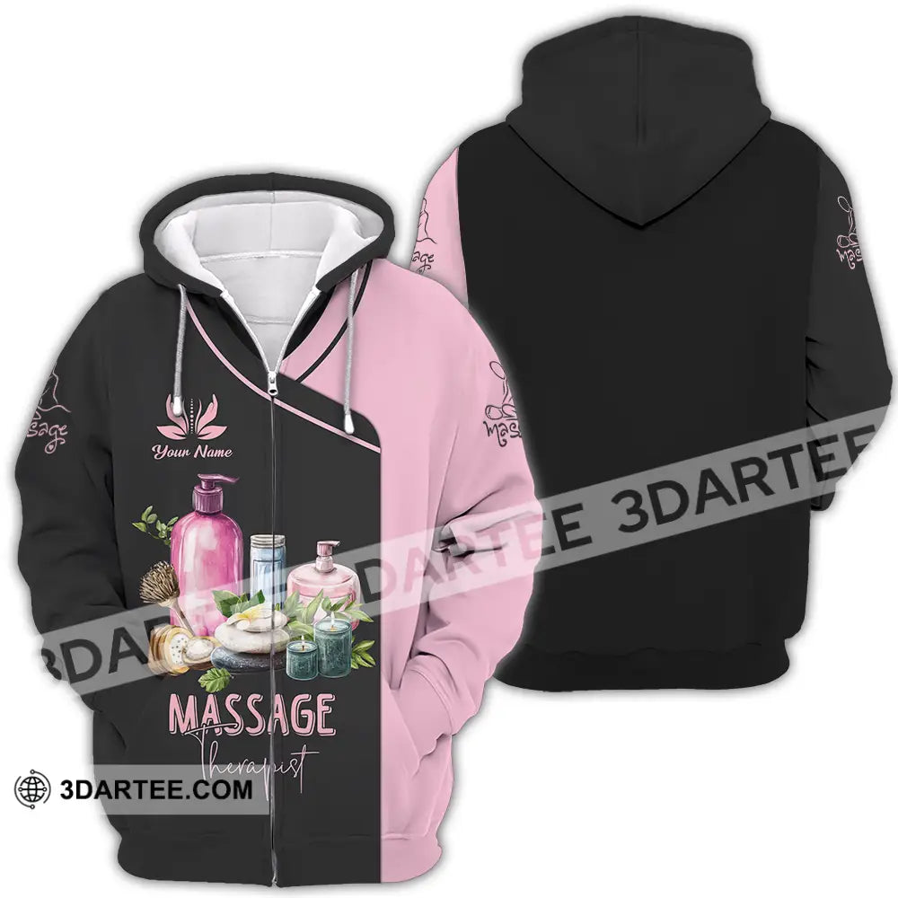 Unisex Shirt - Custom Name Massage Therapist Pink And Black Zipper Hoodie / S T-Shirt