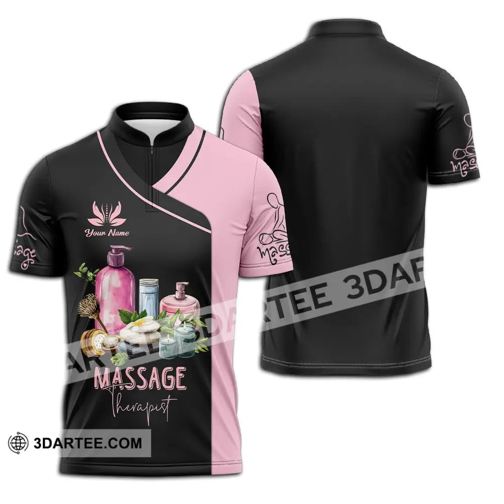 Unisex Shirt - Custom Name Massage Therapist Pink And Black Zipper Polo / S T-Shirt