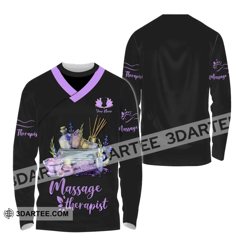 Unisex Shirt - Custom Name Massage Therapist Purple Line Long Sleeve / S T-Shirt