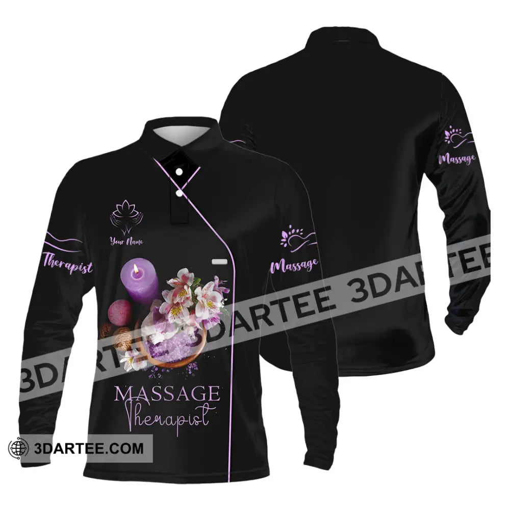 Unisex Shirt - Custom Name Massage Therapist Soft Purple Long Sleeve Polo / S T-Shirt