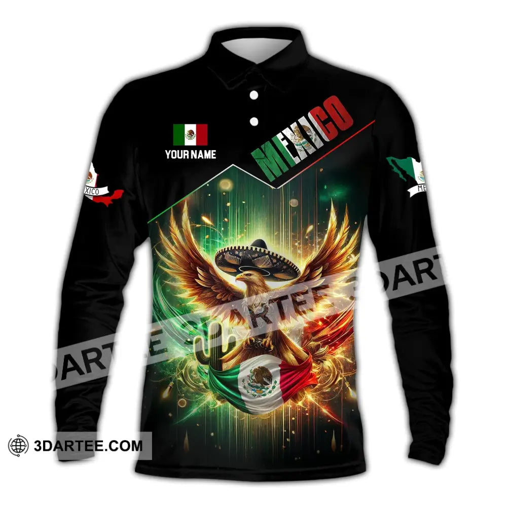 Unisex Shirt - Custom Name Mexico Flag And Icon Long Sleeve Polo / S T-Shirt