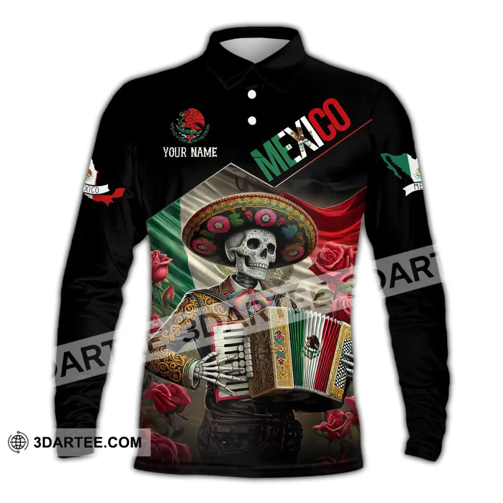 Unisex Shirt - Custom Name Mexico Skull Long Sleeve Polo / S T-Shirt