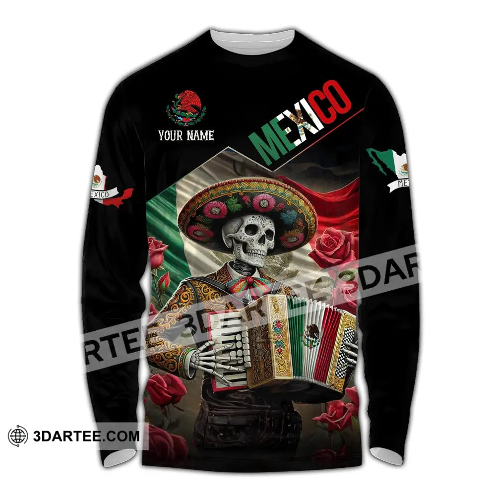 Unisex Shirt - Custom Name Mexico Skull Long Sleeve / S T-Shirt