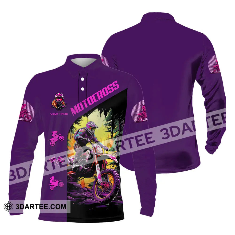 Unisex Shirt - Custom Name Motocross Sport Purple Long Sleeve Polo / S T-Shirt