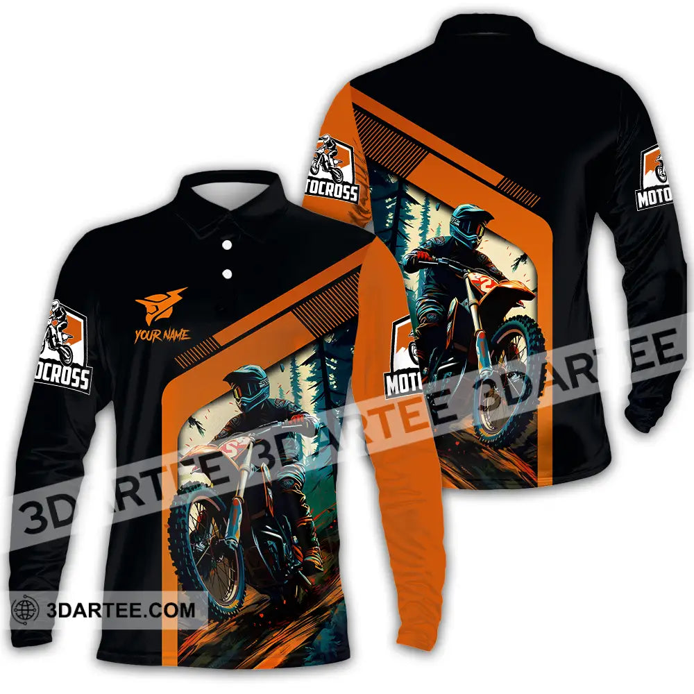 Unisex Shirt - Custom Name Mountain Bike For Player Black Orange Long Sleeve Polo / S T-Shirt