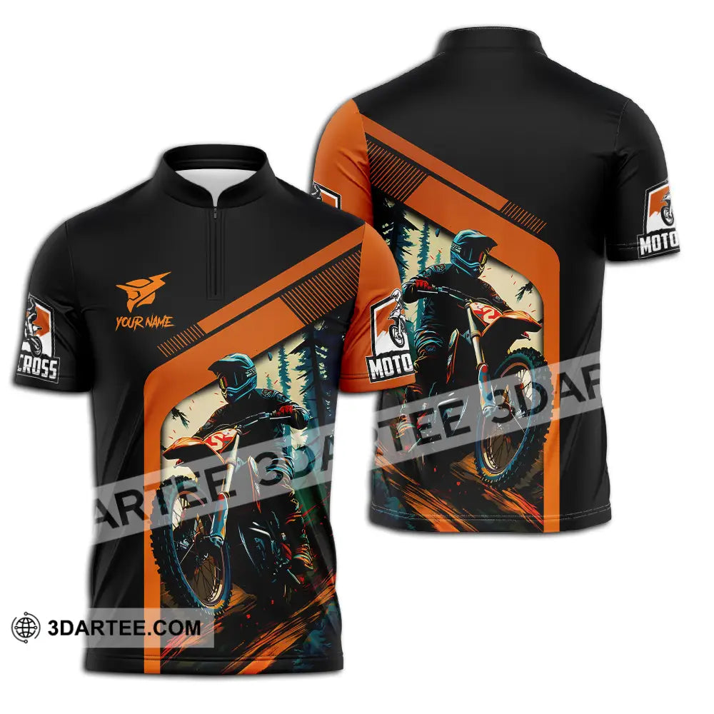 Unisex Shirt - Custom Name Mountain Bike For Player Black Orange Zipper Polo / S T-Shirt