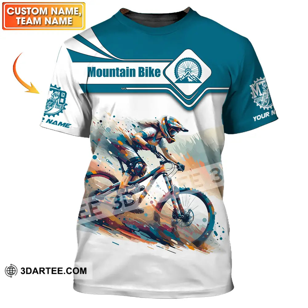 Unisex Shirt - Custom Name Mountain Bike Sport Blue And White Biker T-Shirt