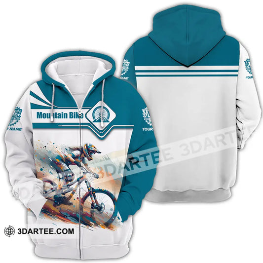 Unisex Shirt - Custom Name Mountain Bike Sport Blue And White Biker Zipper Hoodie / S T-Shirt