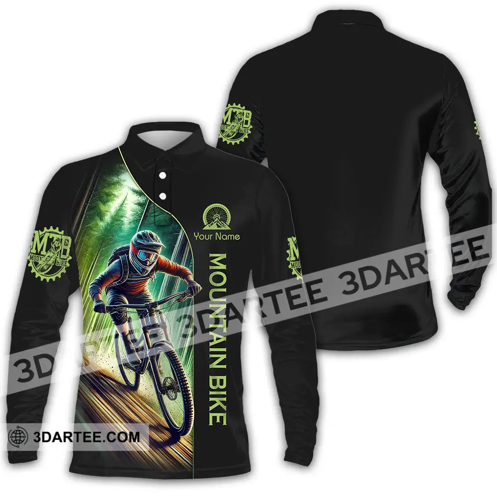 Unisex Shirt - Custom Name Mountain Bike Sport Forest And Black Biker Long Sleeve Polo / S T-Shirt