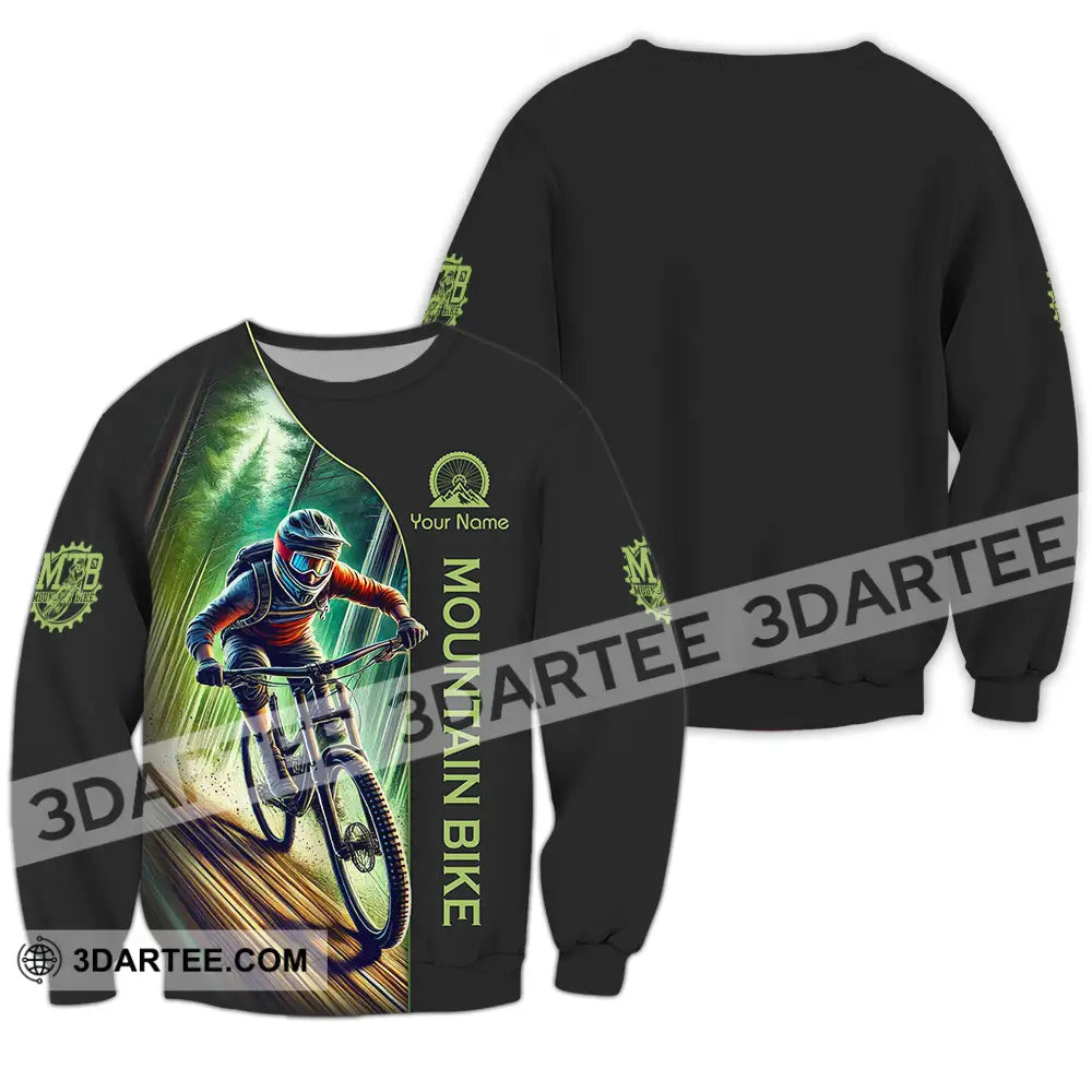 Unisex Shirt - Custom Name Mountain Bike Sport Forest And Black Biker Long Sleeve / S T-Shirt