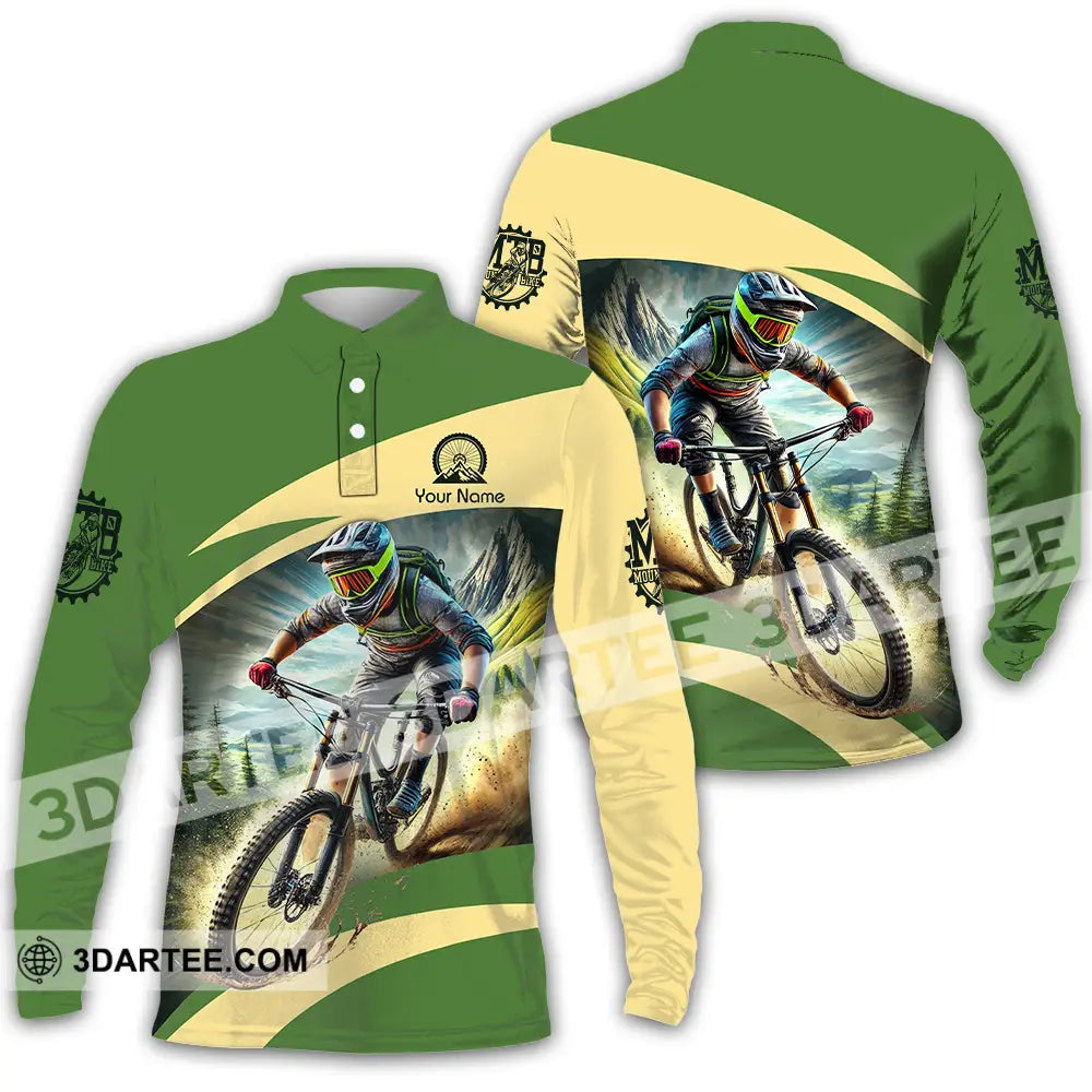 Unisex Shirt - Custom Name Mountain Bike Sport Green Biker Long Sleeve Polo / S T-Shirt