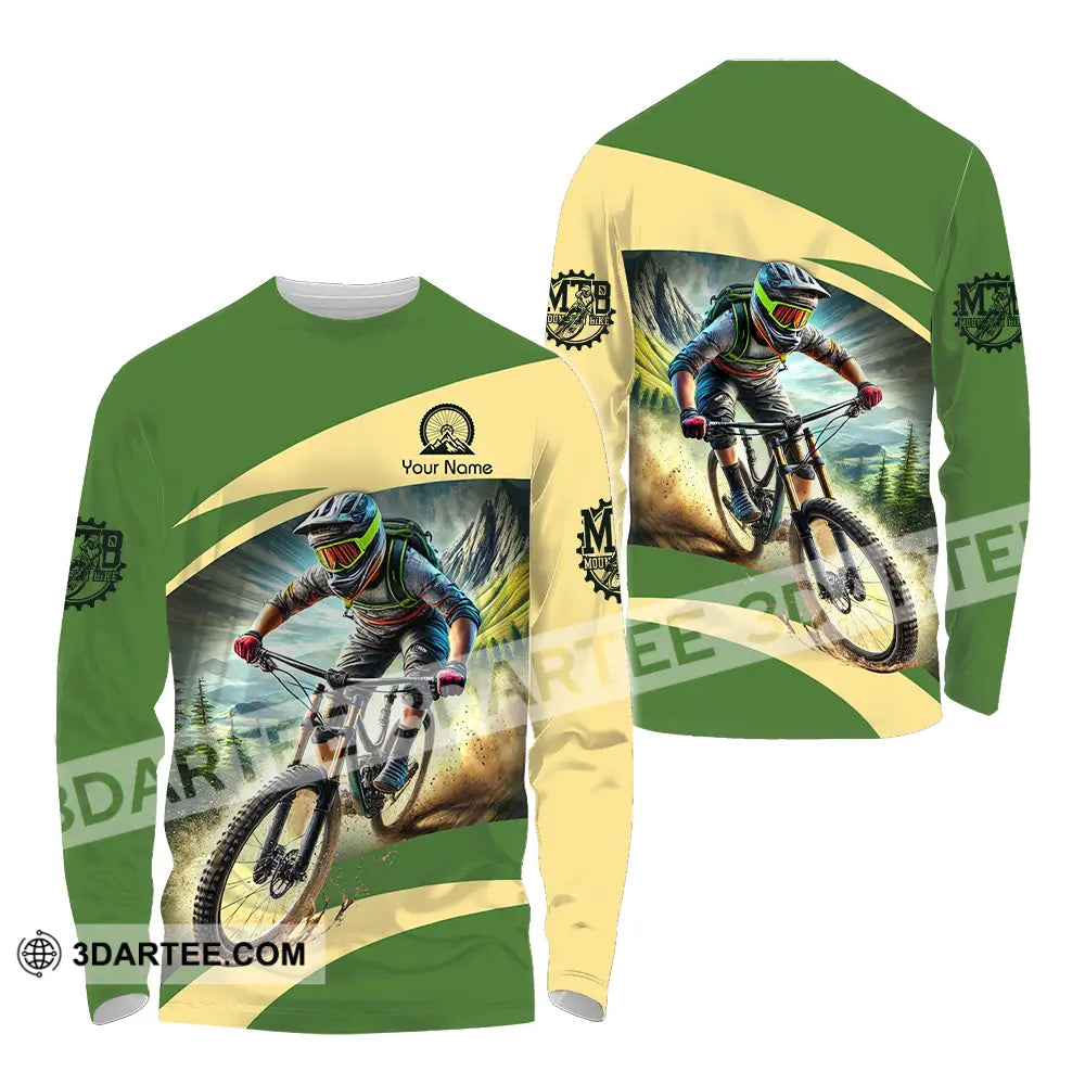 Unisex Shirt - Custom Name Mountain Bike Sport Green Biker Long Sleeve / S T-Shirt