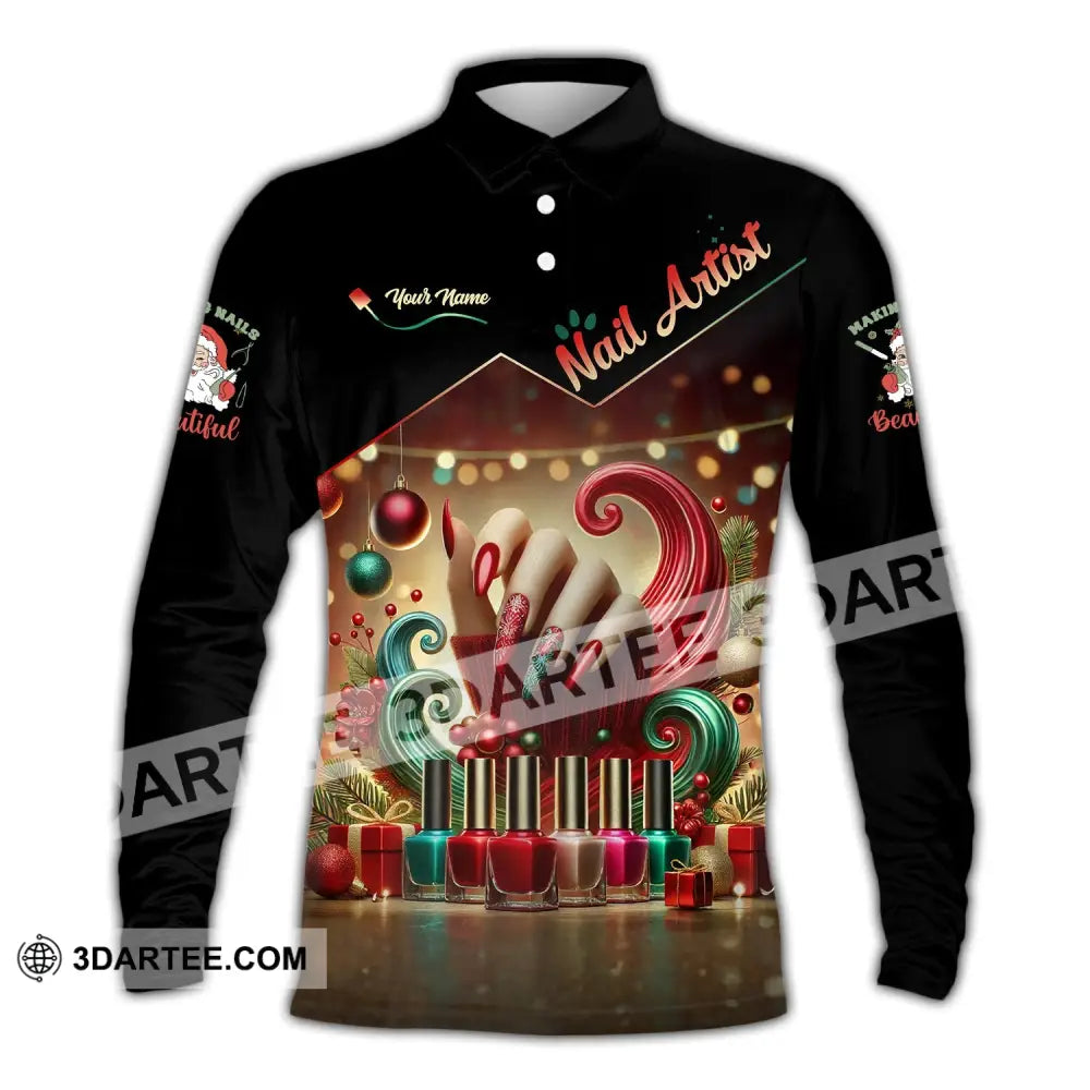 Unisex Shirt Custom Name Nail Artist Christmas Long Sleeve Hoodie Polo Shop Uniform / S T-Shirt