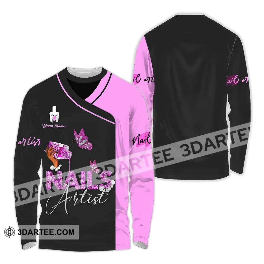 Unisex Shirt - Custom Name Nail Artist Purple Butterfly Long Sleeve / S T-Shirt