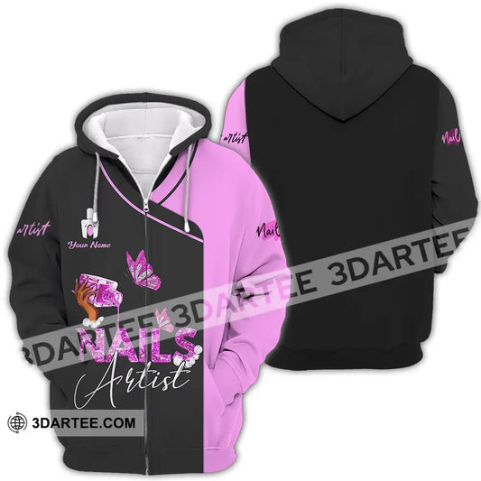 Unisex Shirt - Custom Name Nail Artist Purple Butterfly Zipper Hoodie / S T-Shirt