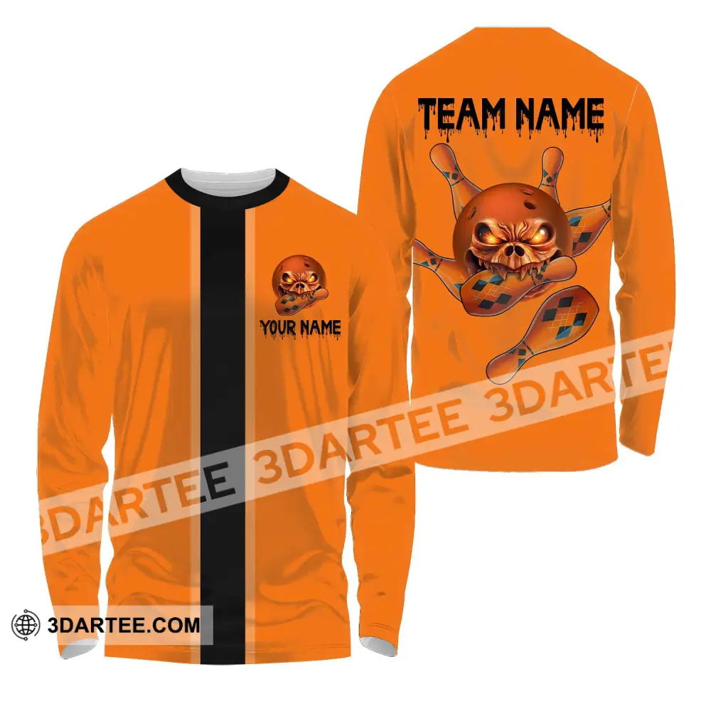 Unisex Shirt - Custom Name Orange Skull Bowling Long Sleeve / S T-Shirt