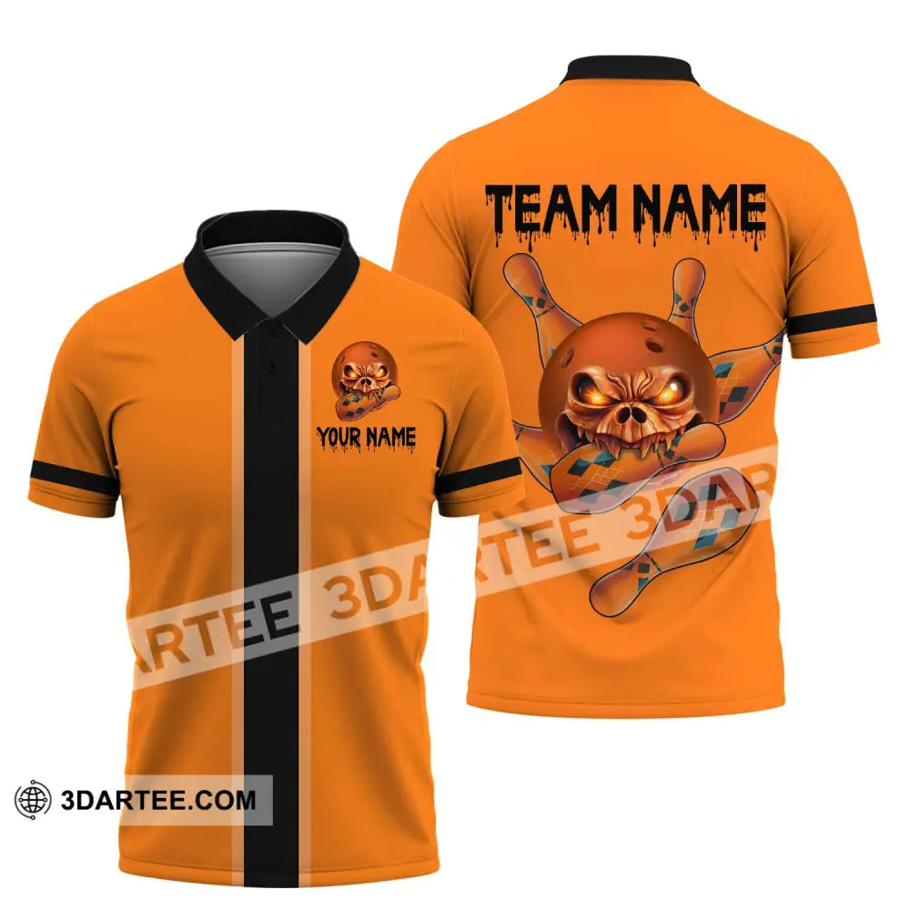 Unisex Shirt - Custom Name Orange Skull Bowling Polo / S T-Shirt