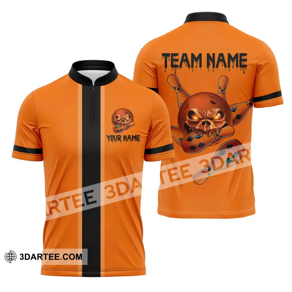 Unisex Shirt - Custom Name Orange Skull Bowling Zipper Polo / S T-Shirt