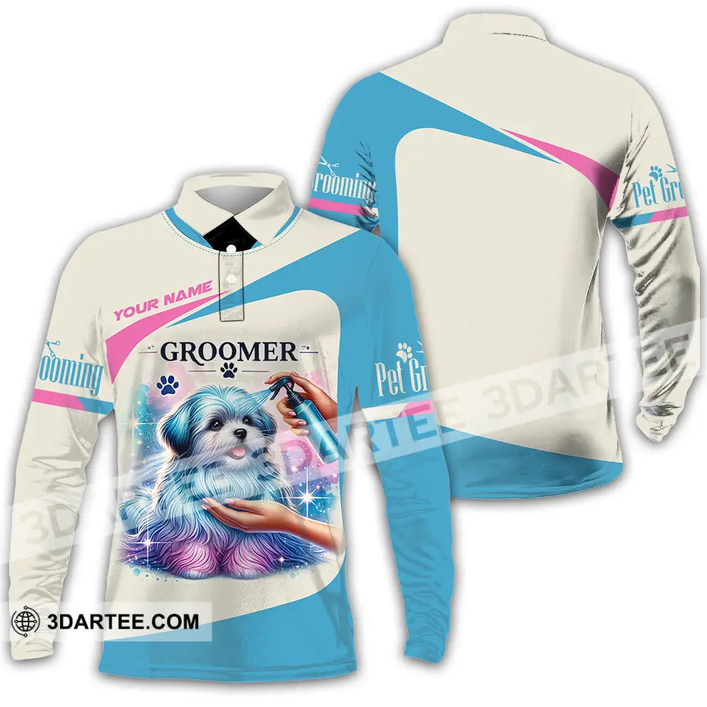 Unisex Shirt - Custom Name Pet Groomer Long Sleeve Polo / S T-Shirt