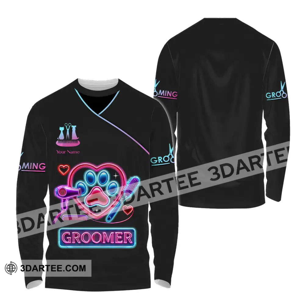 Unisex Shirt Custom Name Pet Groomer Polo Long Sleeve Shop Uniform / S T-Shirt