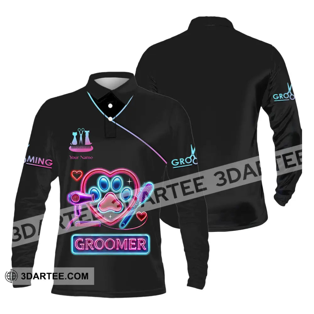 Unisex Shirt Custom Name Pet Groomer Polo Long Sleeve Shop Uniform / S T-Shirt