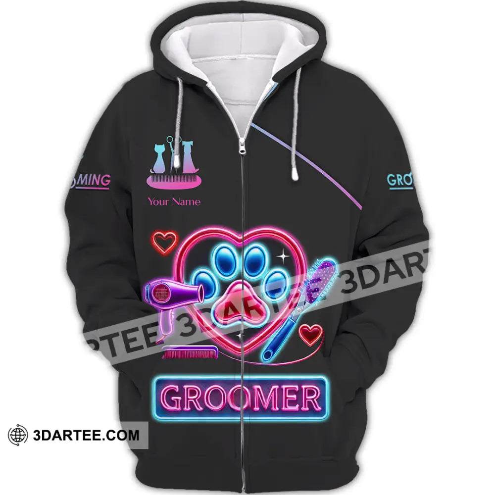 Unisex Shirt Custom Name Pet Groomer Polo Long Sleeve Shop Uniform Zipper Hoodie / S T-Shirt