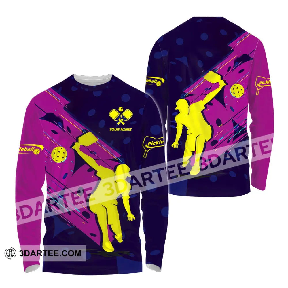 Unisex Shirt - Custom Name Pickleball Purple Yellow Long Sleeve / S T-Shirt