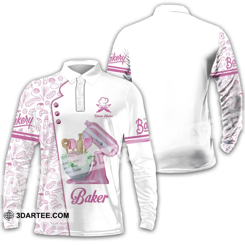 Unisex Shirt - Custom Name Pink Baker Shirt - Long Sleeve Polo / S - T-shirt