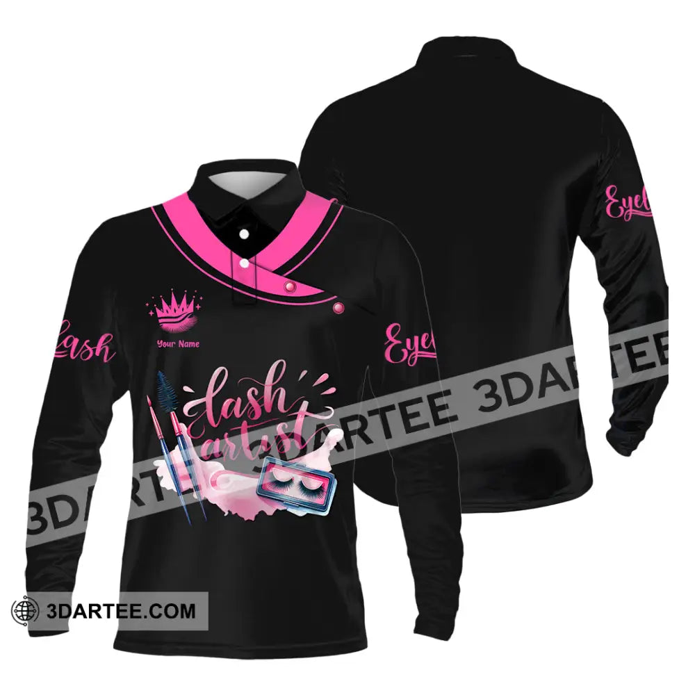 Unisex Shirt - Custom Name Pink Lash Artist Long Sleeve Polo / S T-Shirt