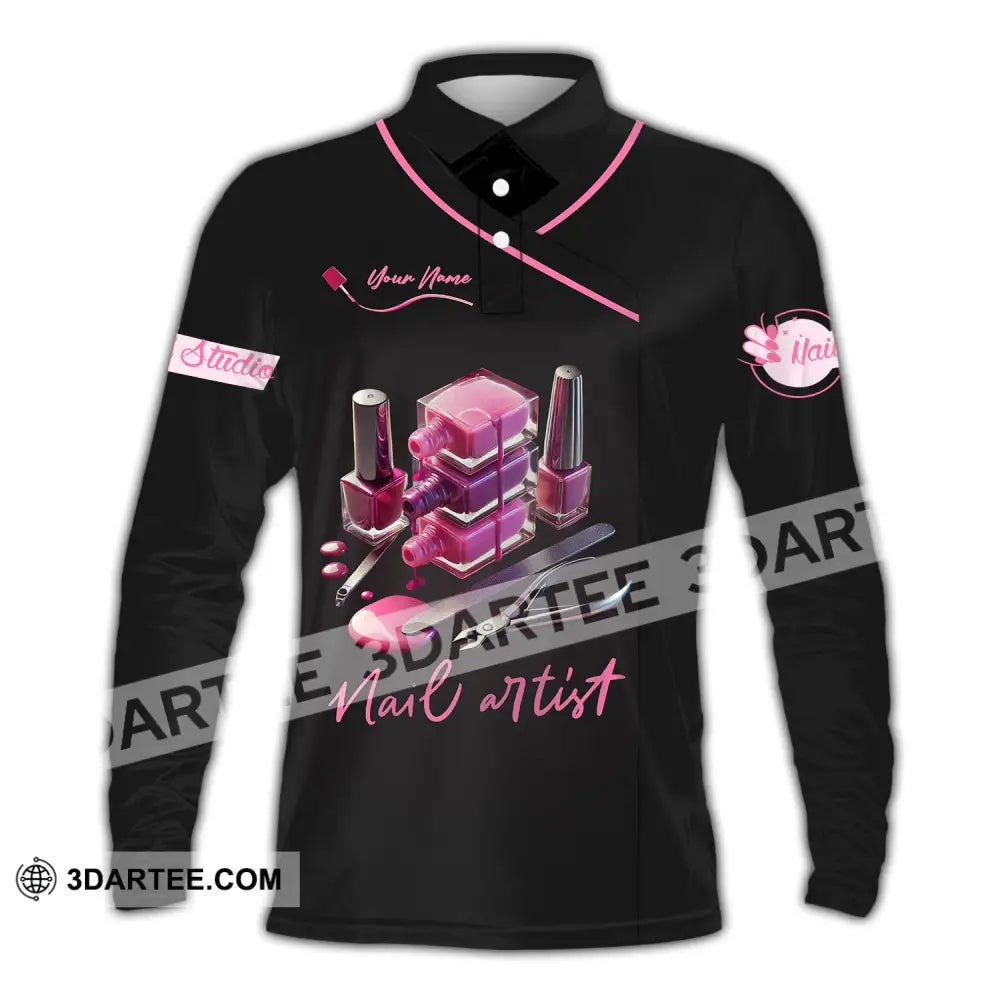 Unisex Shirt - Custom Name Pink Nail Artist Long Sleeve Polo / S T-Shirt