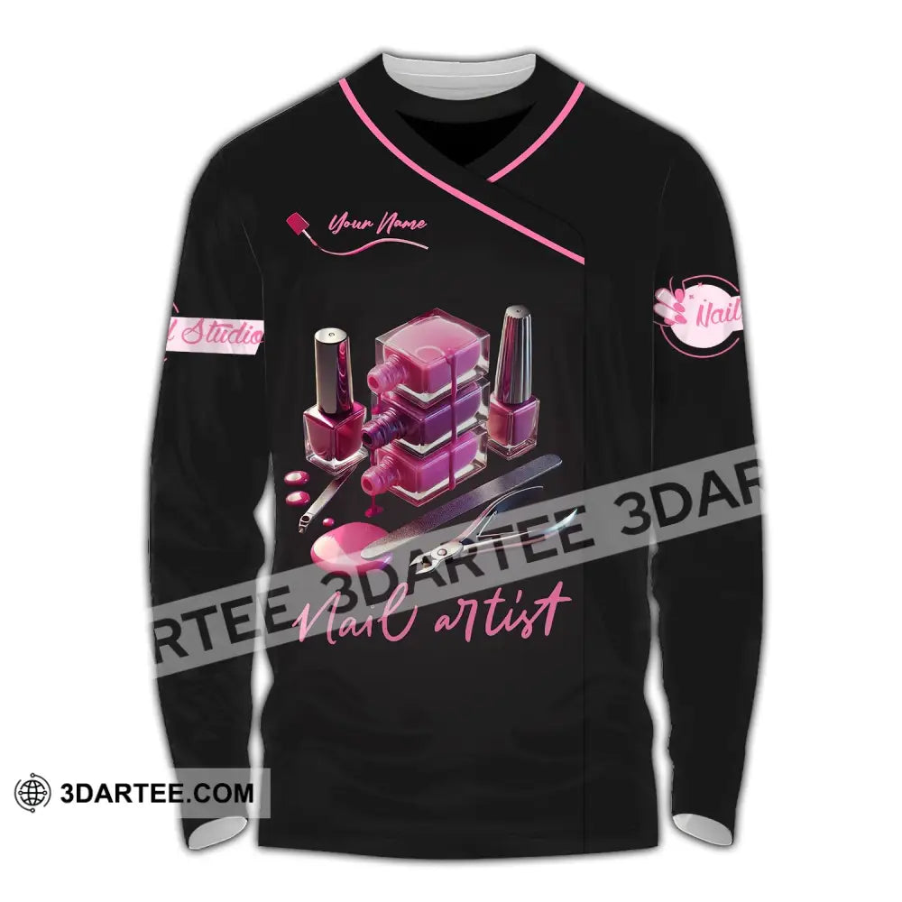 Unisex Shirt - Custom Name Pink Nail Artist Long Sleeve / S T-Shirt