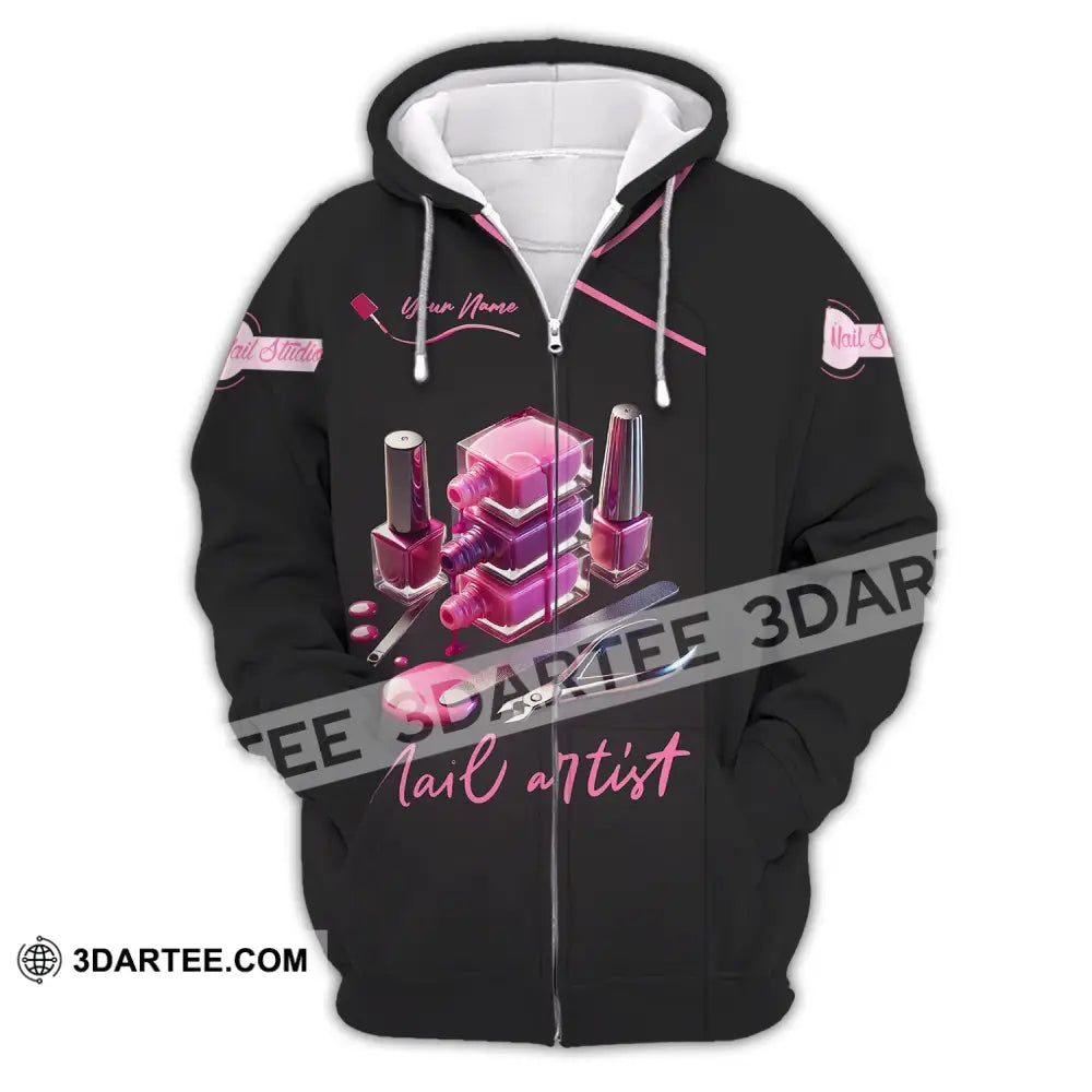 Unisex Shirt - Custom Name Pink Nail Artist Zipper Hoodie / S T-Shirt