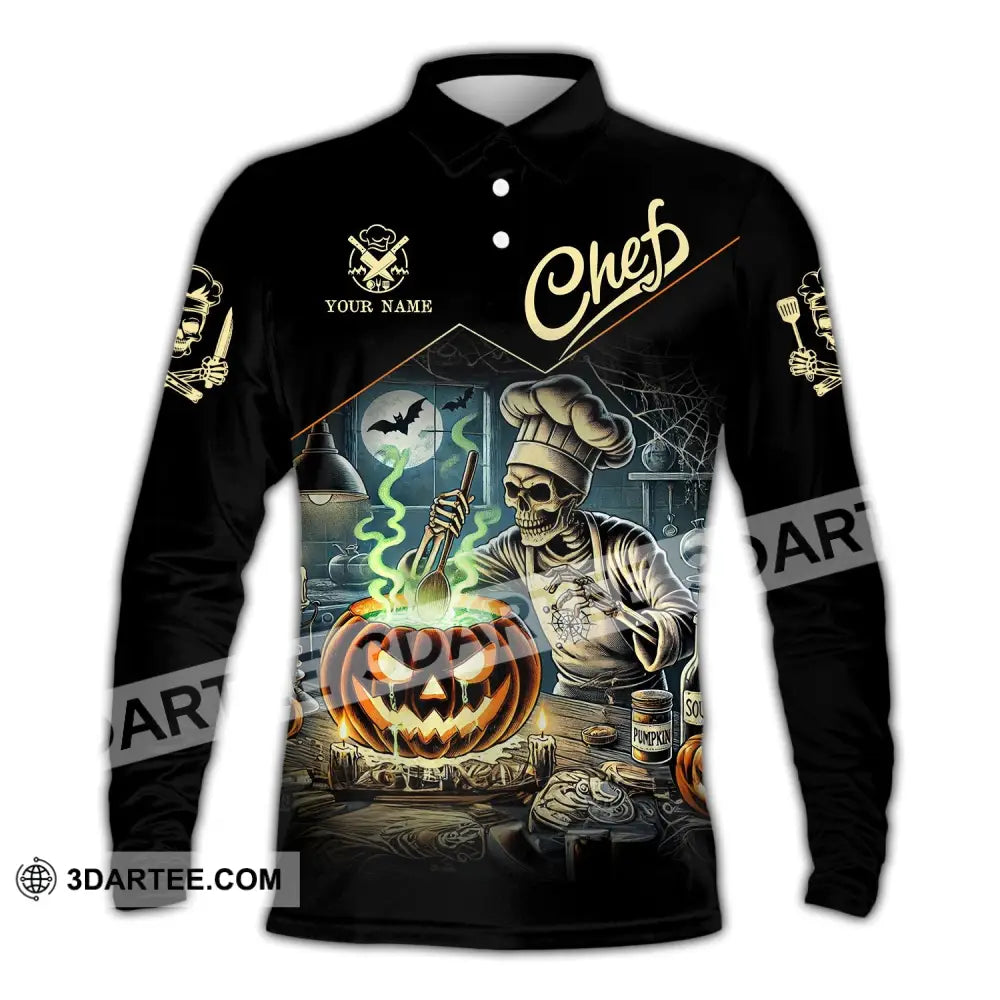 Unisex Shirt - Custom Name Pumpkin Halloween Skull Chef Long Sleeve Polo / S T-Shirt