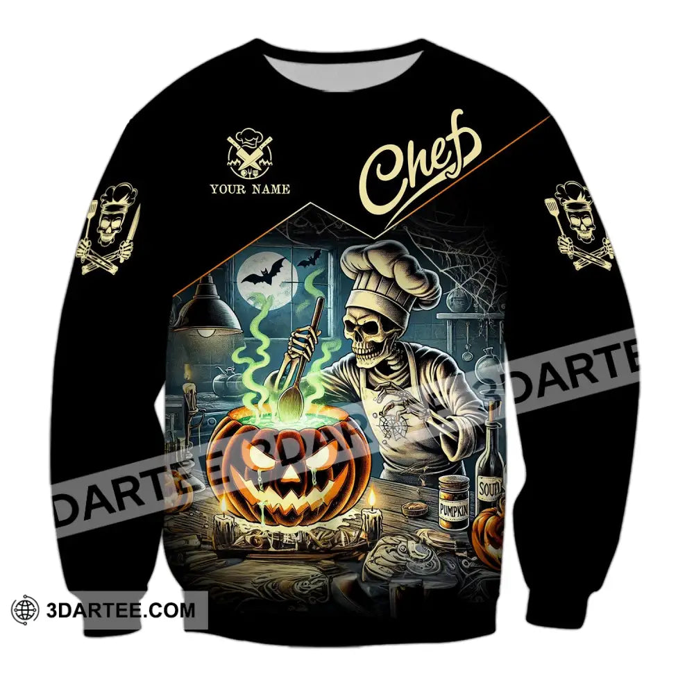 Unisex Shirt - Custom Name Pumpkin Halloween Skull Chef Long Sleeve / S T-Shirt