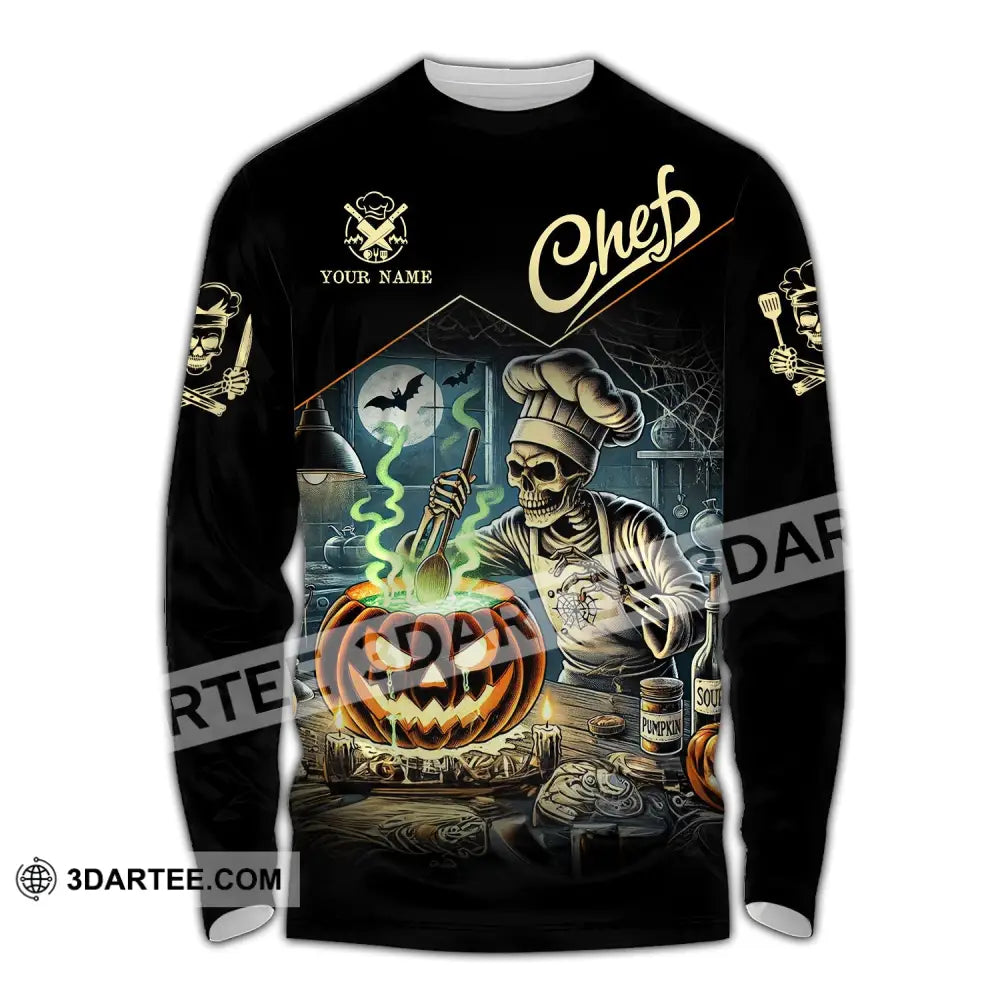 Unisex Shirt - Custom Name Pumpkin Halloween Skull Chef Long Sleeve / S T-Shirt