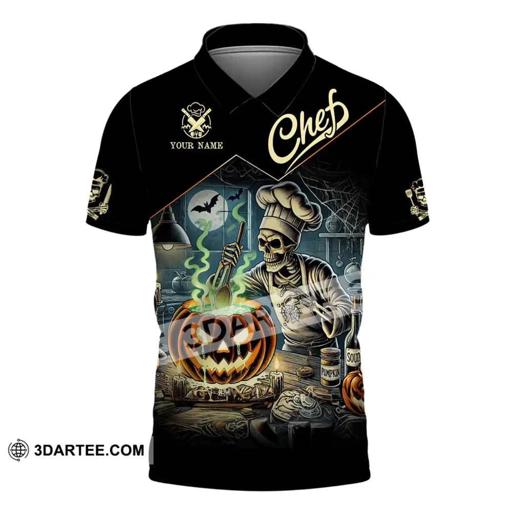 Unisex Shirt - Custom Name Pumpkin Halloween Skull Chef Polo / S T-Shirt