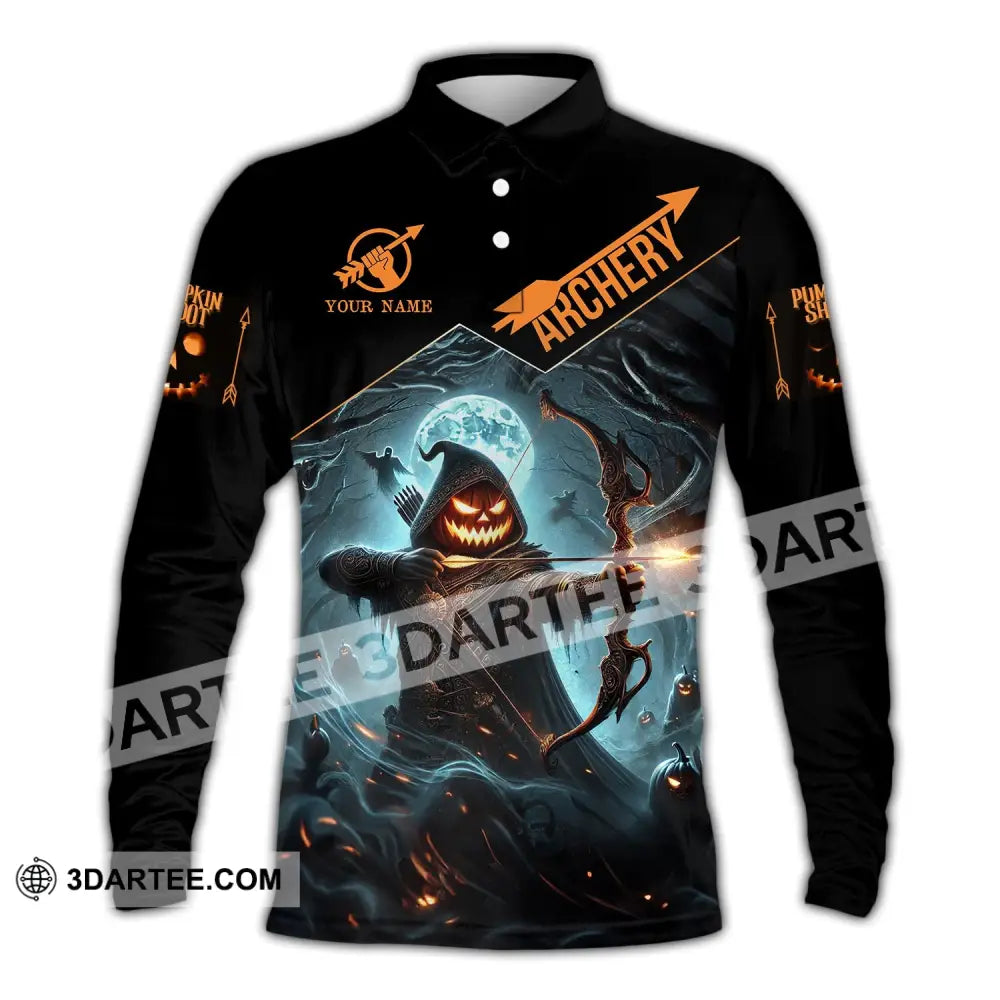 Unisex Shirt - Custom Name Pumpkin Shoot Archery Long Sleeve Polo / S T-Shirt