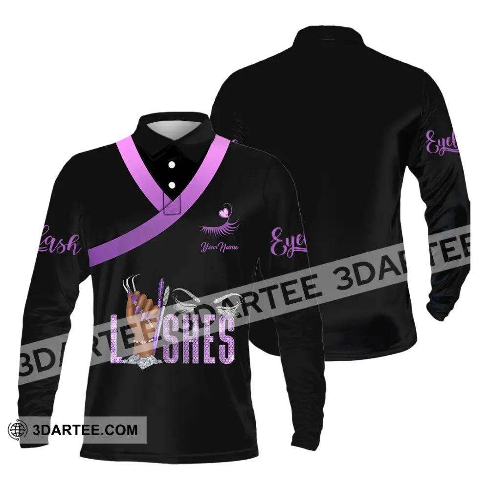 Unisex Shirt - Custom Name Purple Lashes Long Sleeve Polo / S T-Shirt