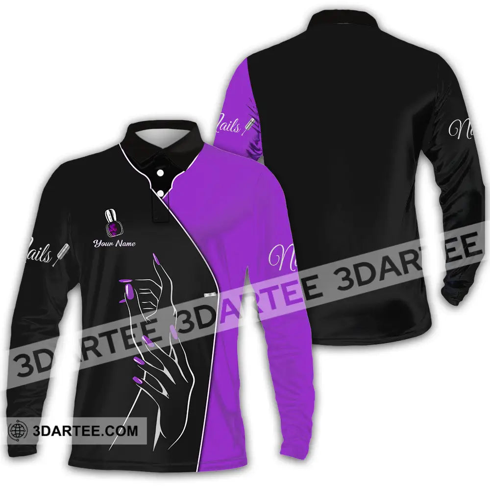 Unisex Shirt - Custom Name Purple Nails Long Sleeve Polo / S T-Shirt