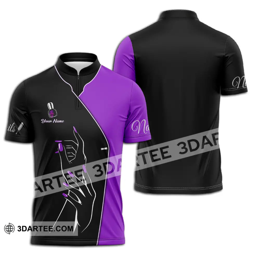 Unisex Shirt - Custom Name Purple Nails Zipper Polo / S T-Shirt