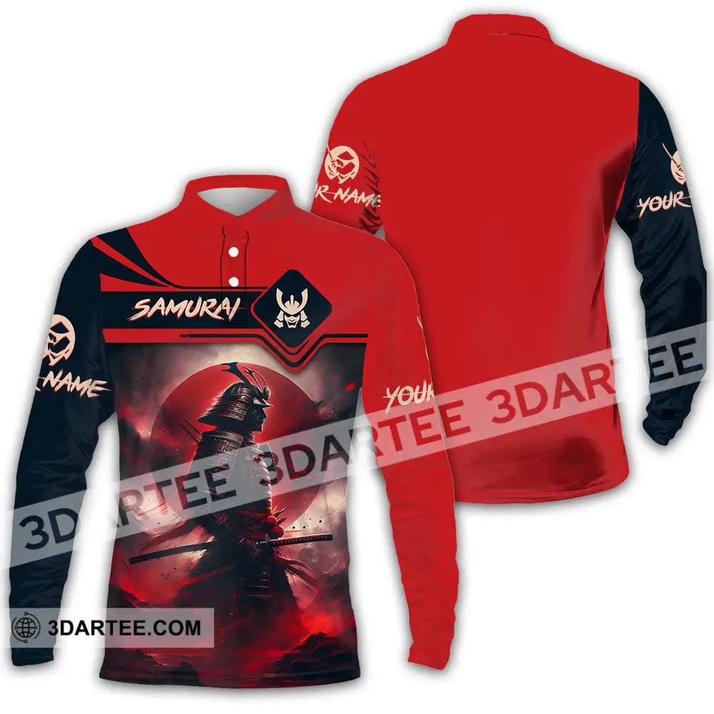 Unisex Shirt - Custom Name Samurai Red Moon Long Sleeve Polo / S T-Shirt