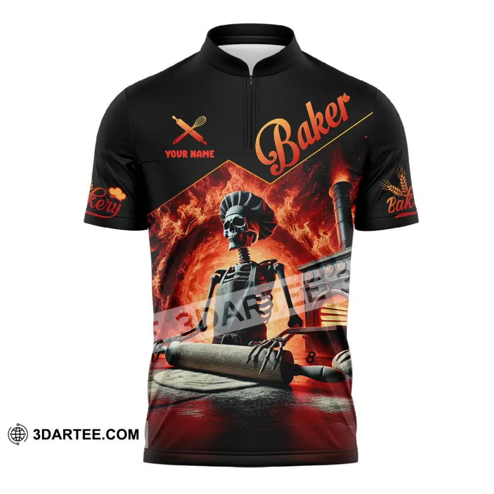 Unisex Shirt - Custom Name Skull Baker Zipper Polo / S T-Shirt